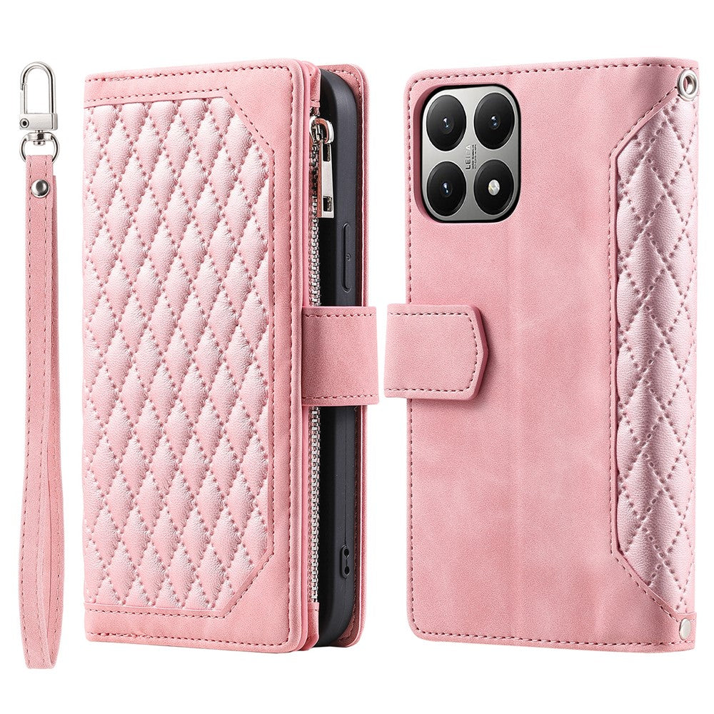 For Xiaomi 15T Wallet Case Rhombus Stitching Line PU Leather Phone Cover with Wrist Strap