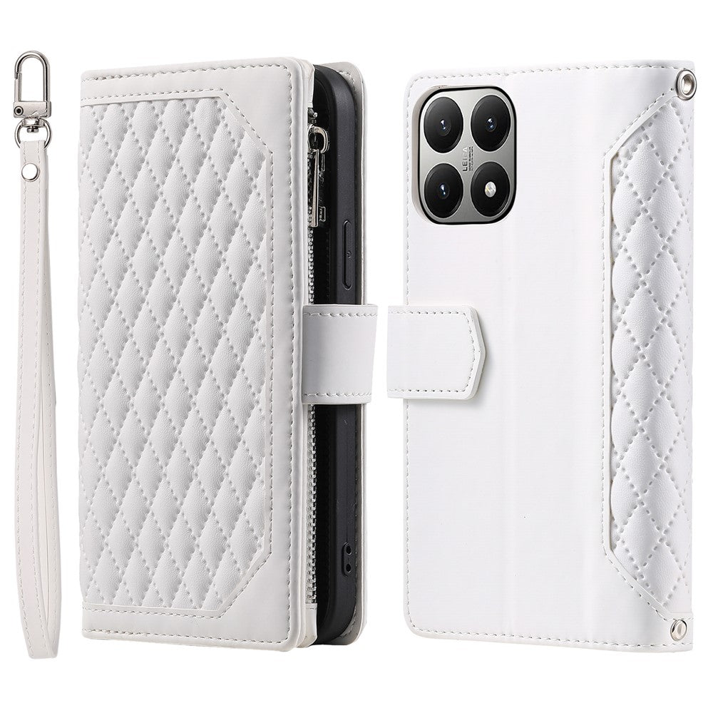 For Xiaomi 15T Wallet Case Rhombus Stitching Line PU Leather Phone Cover with Wrist Strap