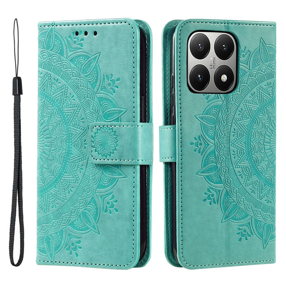 For Xiaomi 15T Stand Case Imprinted Totem PU Leather Wallet Phone Cover with Wrist Strap