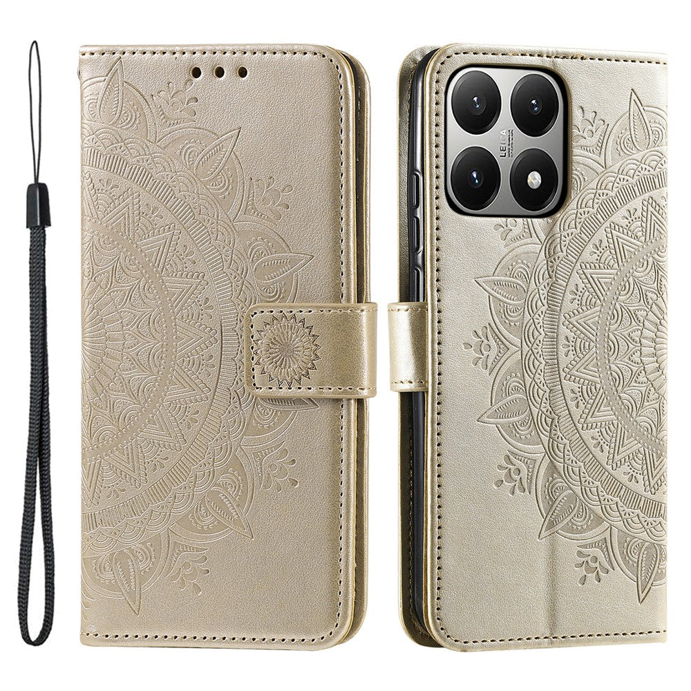 For Xiaomi 15T Stand Case Imprinted Totem PU Leather Wallet Phone Cover with Wrist Strap