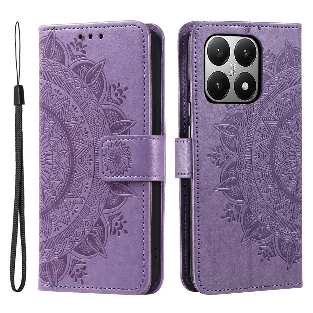 For Xiaomi 15T Stand Case Imprinted Totem PU Leather Wallet Phone Cover with Wrist Strap