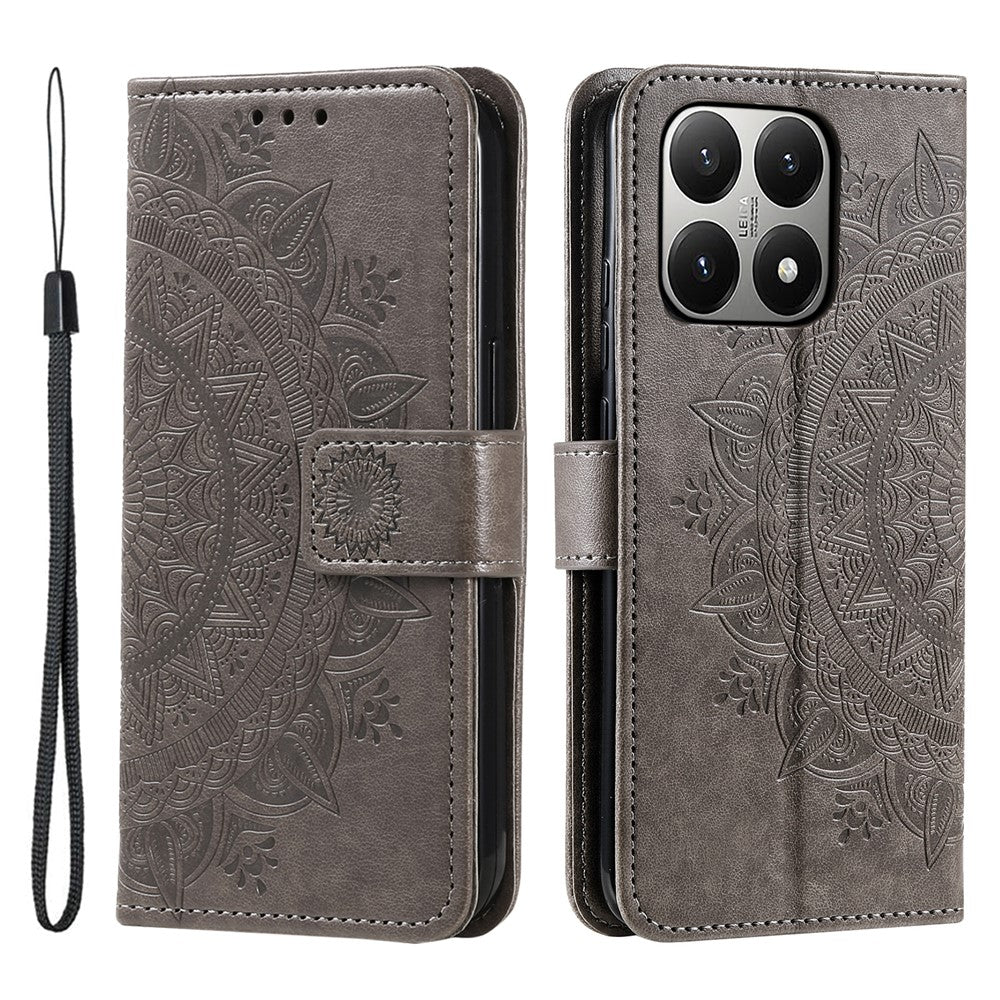 For Xiaomi 15T Stand Case Imprinted Totem PU Leather Wallet Phone Cover with Wrist Strap
