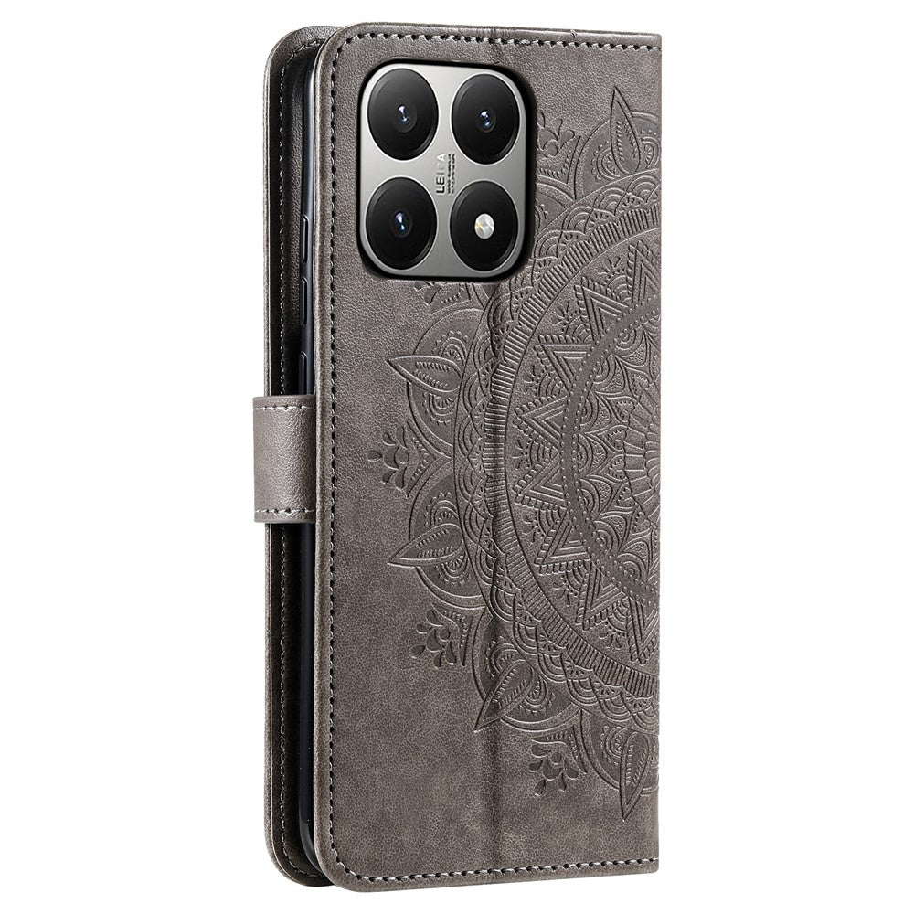 For Xiaomi 15T Stand Case Imprinted Totem PU Leather Wallet Phone Cover with Wrist Strap