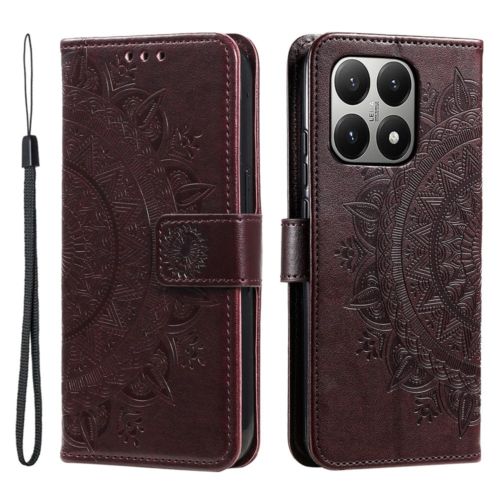 For Xiaomi 15T Stand Case Imprinted Totem PU Leather Wallet Phone Cover with Wrist Strap