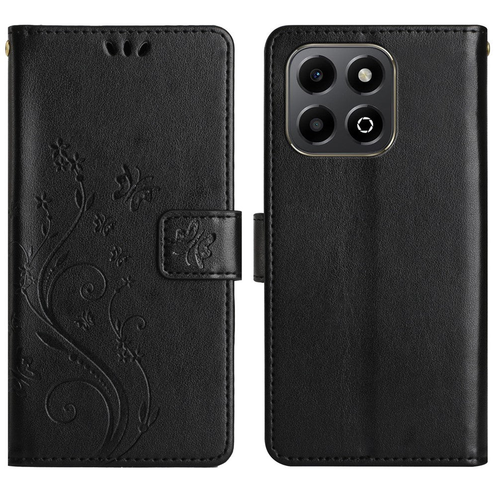 Leather Wallet Case for Honor 400 Smart 5G / 4G / X7d 4G Butterfly Flower Imprinted Phone Cover with Strap
