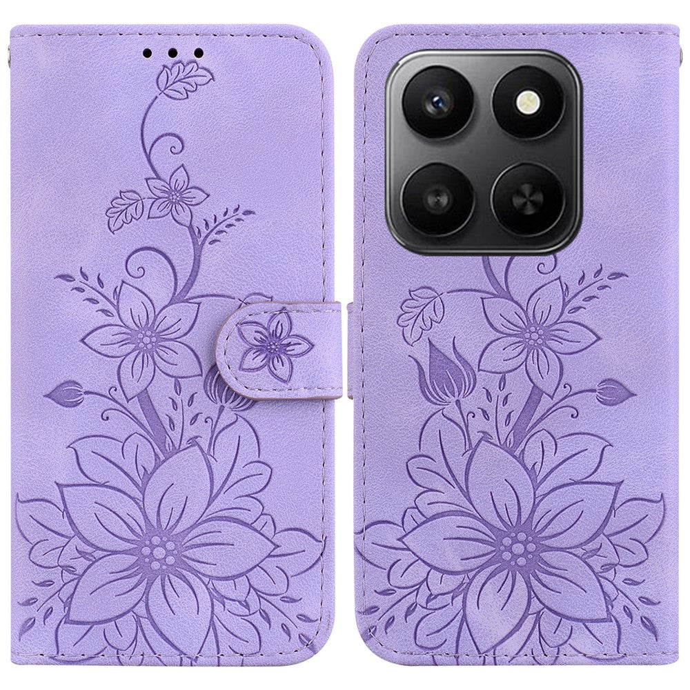 For Honor 400 Smart 5G / 4G / X7d 4G Stand Case Lily Flower Imprint Leather Phone Cover with Wrist Strap