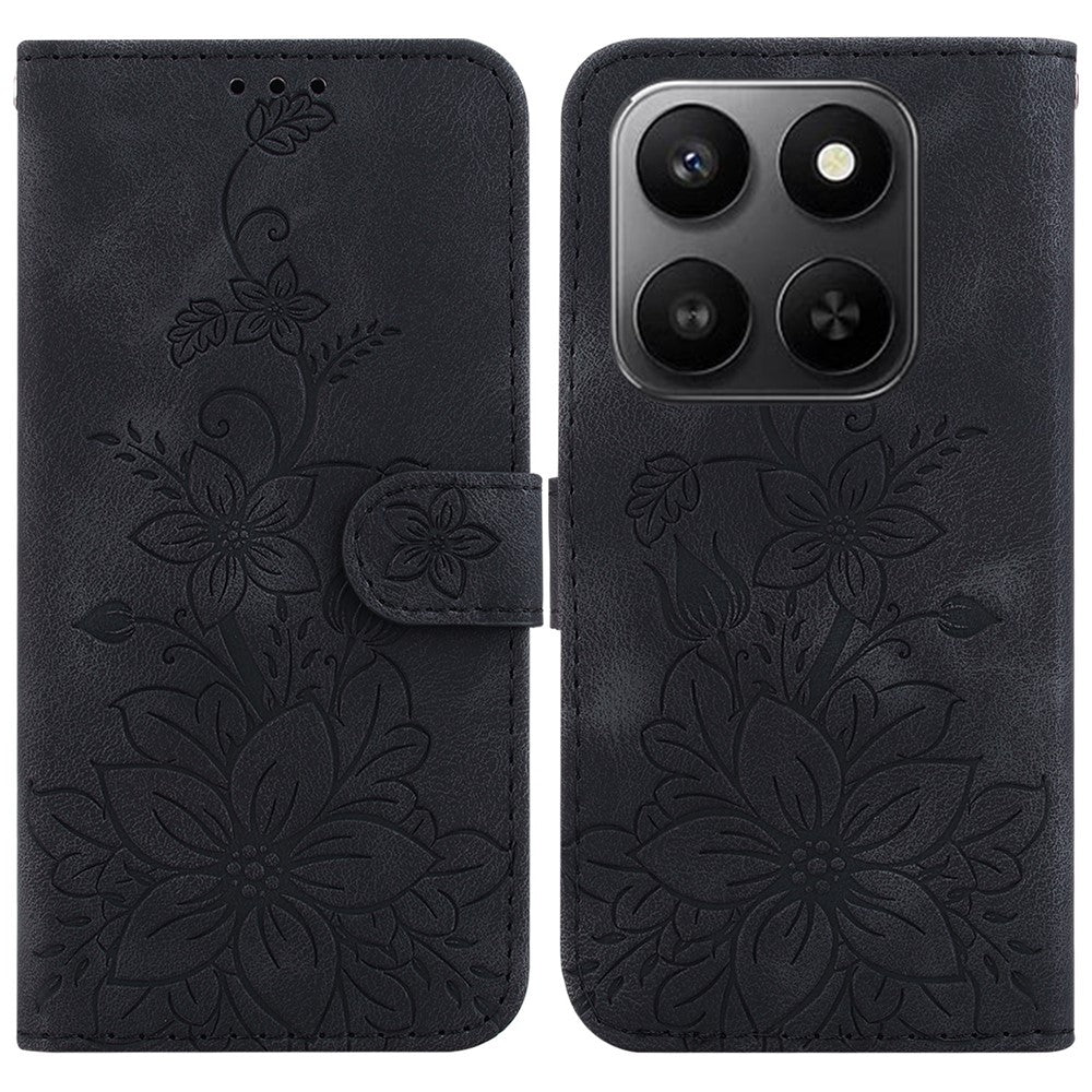 For Honor 400 Smart 5G / 4G / X7d 4G Stand Case Lily Flower Imprint Leather Phone Cover with Wrist Strap