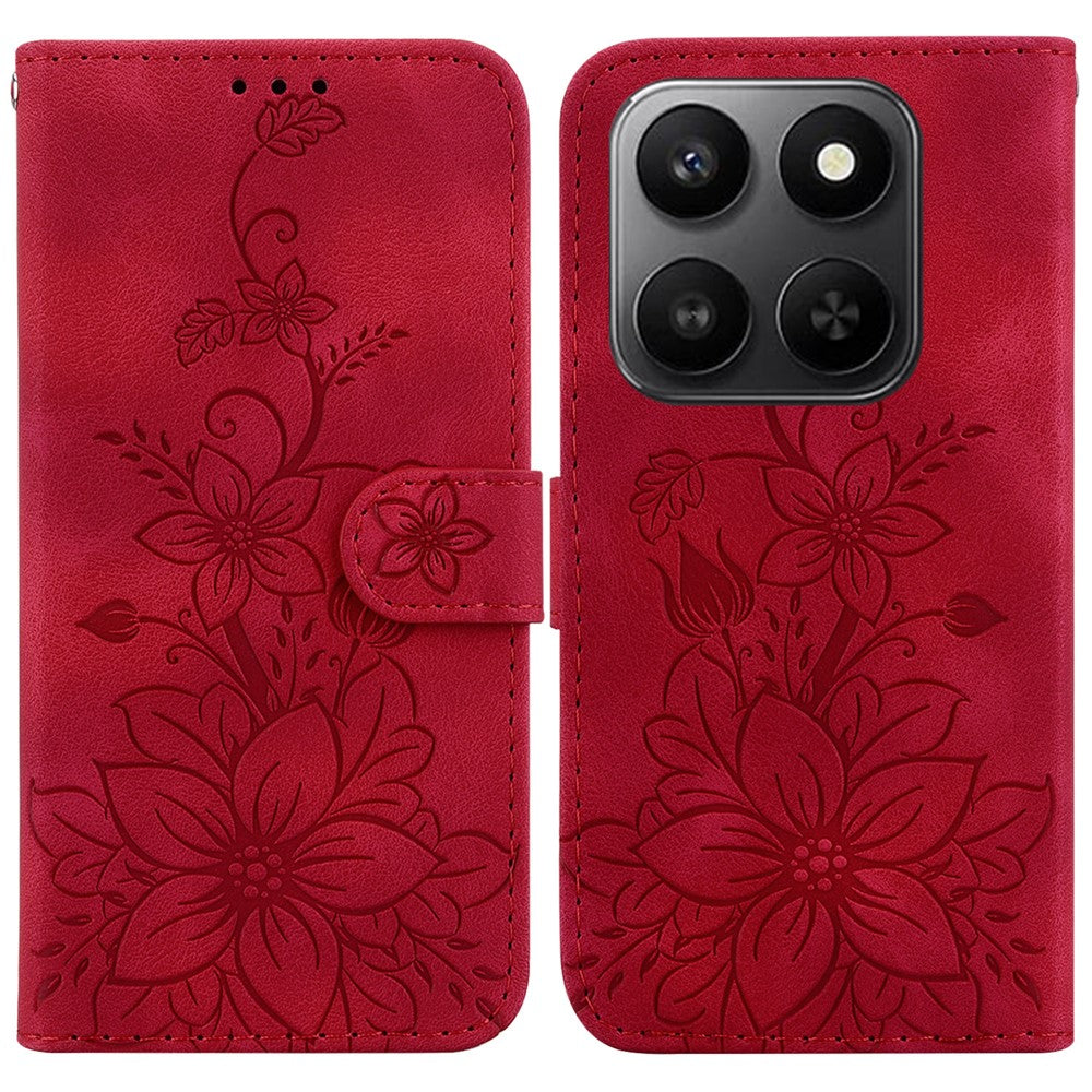 For Honor 400 Smart 5G / 4G / X7d 4G Stand Case Lily Flower Imprint Leather Phone Cover with Wrist Strap