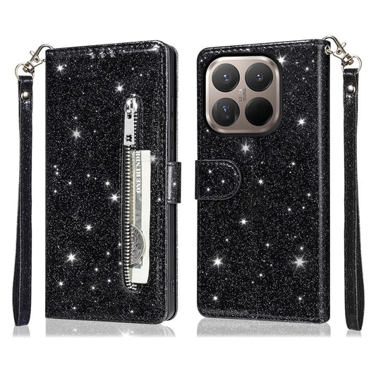 Xiaomi 15T Handyhülle – Standhülle mit Glitzer-Handy-Lederbezug, Reißverschlusstasche