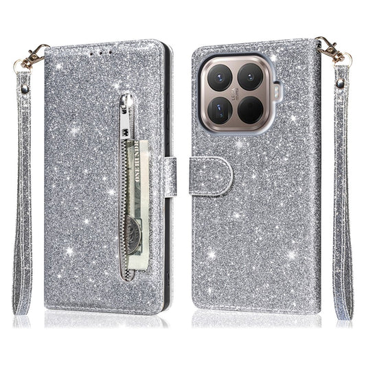 Xiaomi 15T Pro Handyhülle – Standhülle mit Glitzer-Handy-Lederbezug, Reißverschlusstasche
