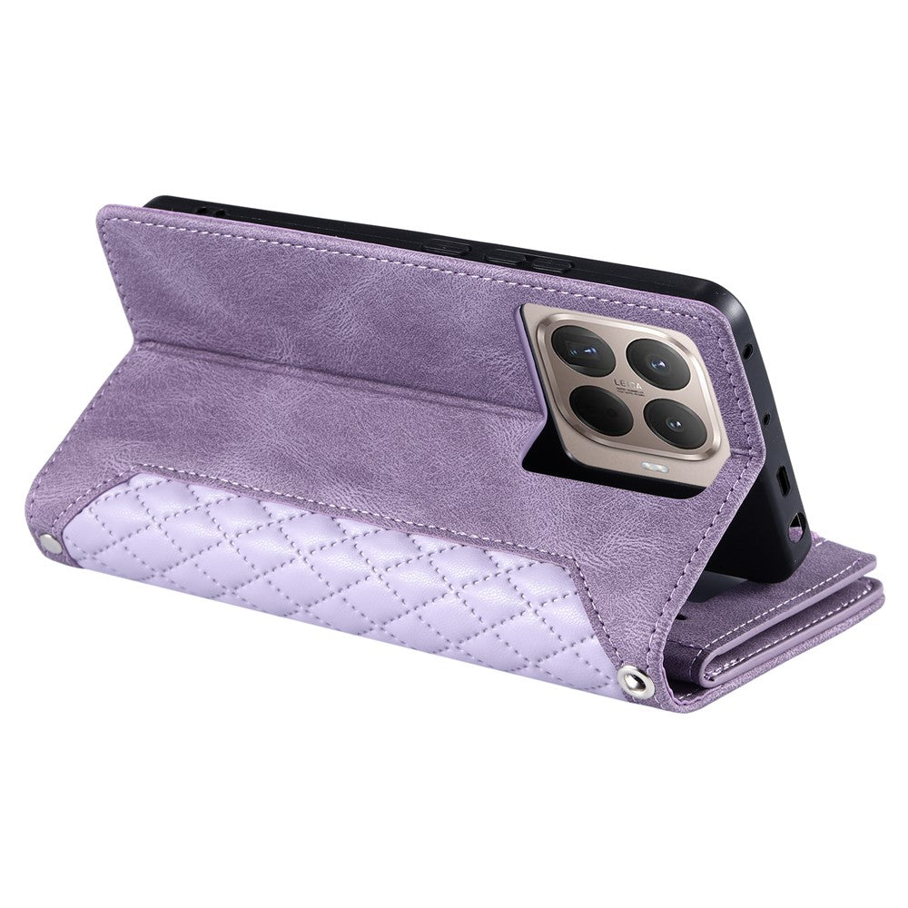 For Xiaomi 15T Pro Wallet Case Rhombus Stitching Line PU Leather Phone Cover with Wrist Strap