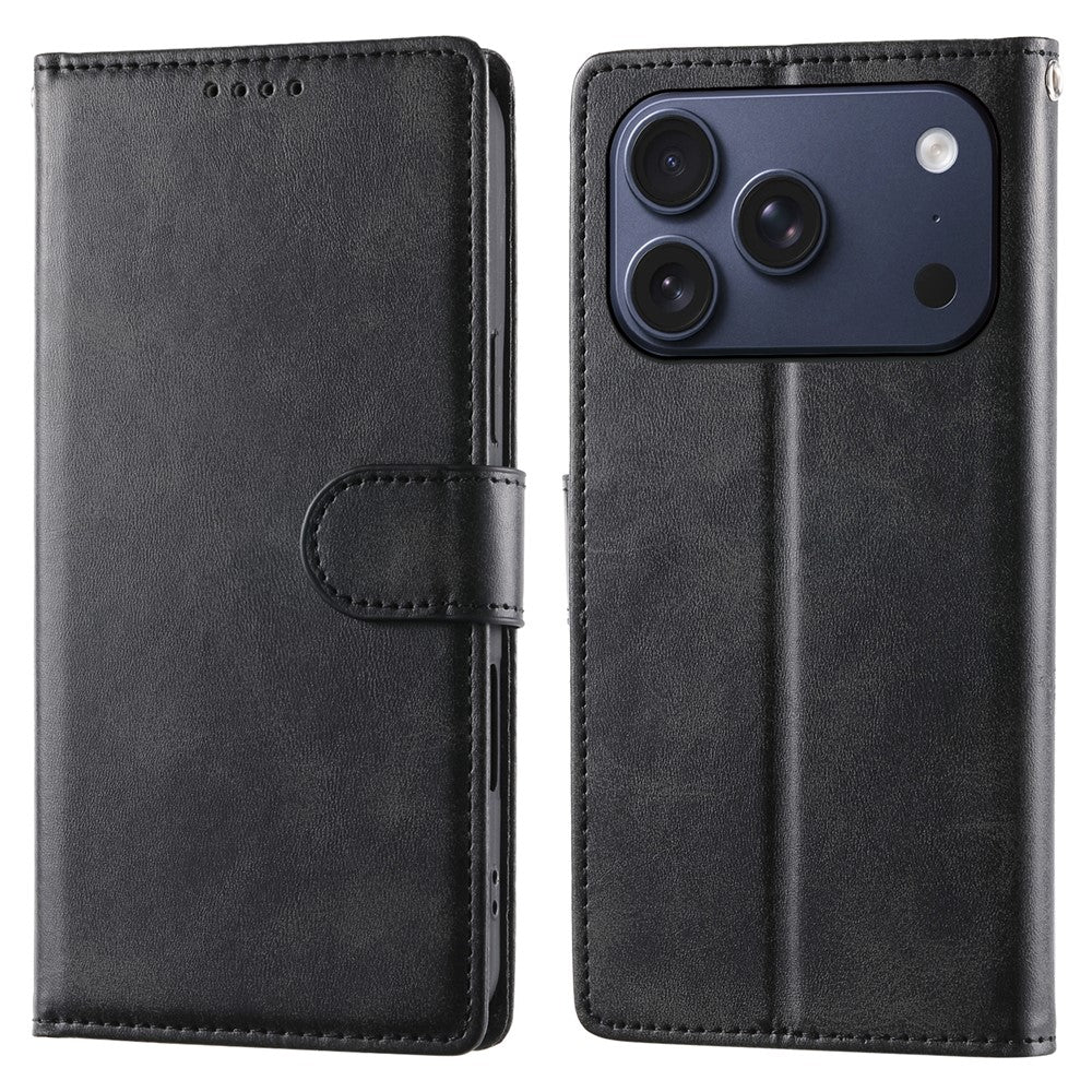For iPhone 18 Pro / 17 Pro Case Stand Wallet Calf Texture PU Leather Flip Phone Cover with Wrist Strap