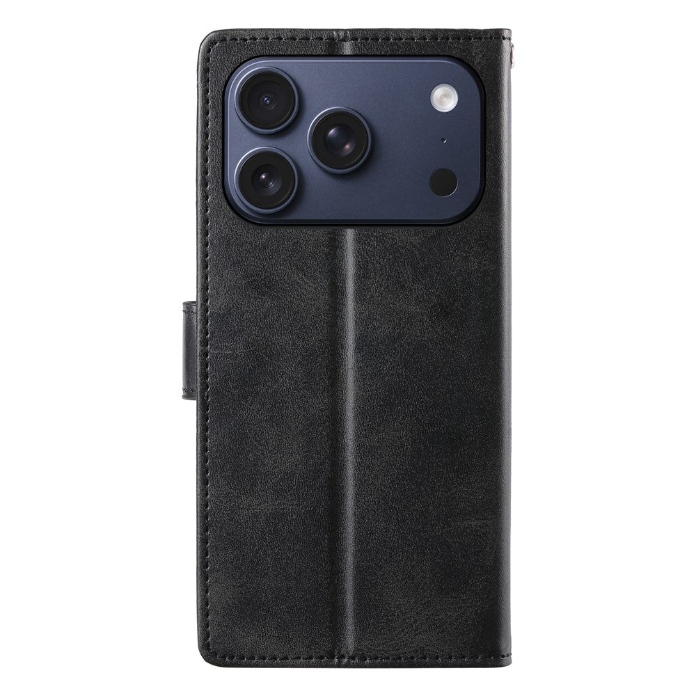 For iPhone 18 Pro / 17 Pro Case Stand Wallet Calf Texture PU Leather Flip Phone Cover with Wrist Strap