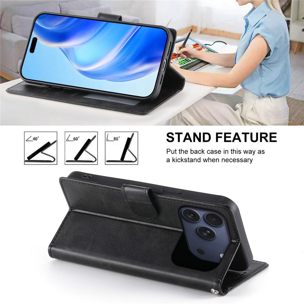For iPhone 18 Pro / 17 Pro Case Stand Wallet Calf Texture PU Leather Flip Phone Cover with Wrist Strap