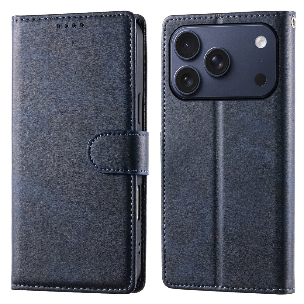 For iPhone 18 Pro / 17 Pro Case Stand Wallet Calf Texture PU Leather Flip Phone Cover with Wrist Strap