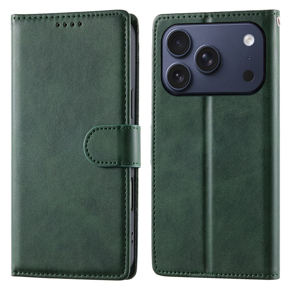 For iPhone 18 Pro / 17 Pro Case Stand Wallet Calf Texture PU Leather Flip Phone Cover with Wrist Strap