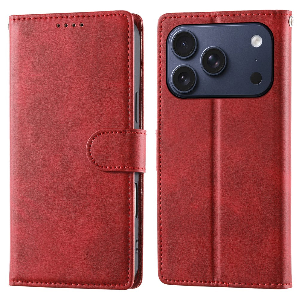 For iPhone 18 Pro / 17 Pro Case Stand Wallet Calf Texture PU Leather Flip Phone Cover with Wrist Strap