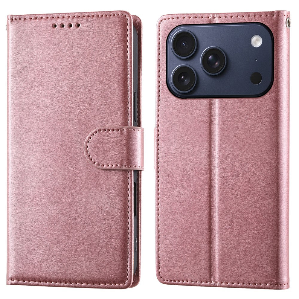 For iPhone 18 Pro / 17 Pro Case Stand Wallet Calf Texture PU Leather Flip Phone Cover with Wrist Strap