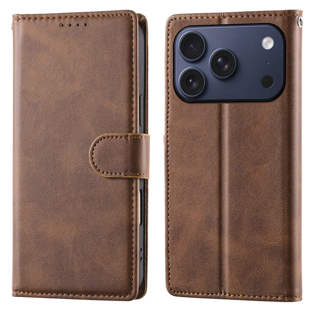 For iPhone 18 Pro / 17 Pro Case Stand Wallet Calf Texture PU Leather Flip Phone Cover with Wrist Strap