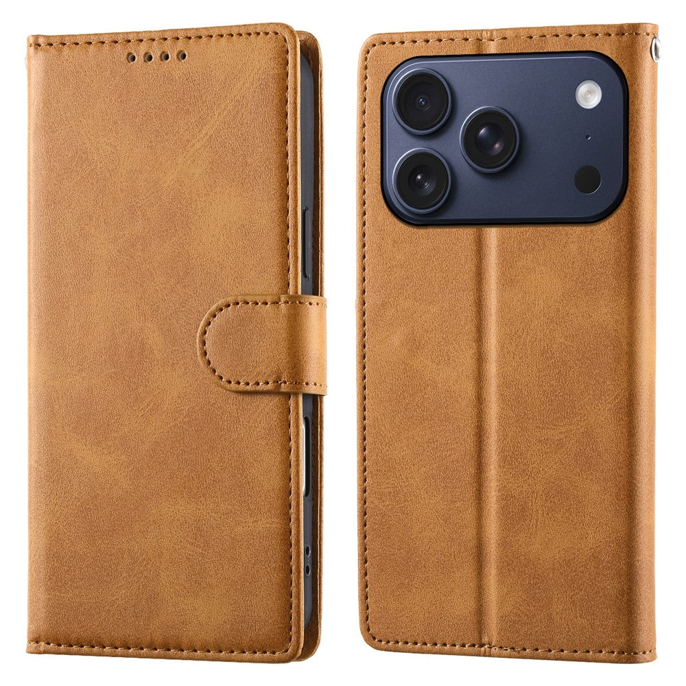 For iPhone 18 Pro / 17 Pro Case Stand Wallet Calf Texture PU Leather Flip Phone Cover with Wrist Strap