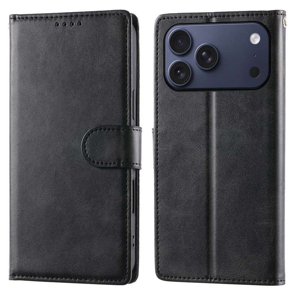 For iPhone 18 Pro Max / 17 Pro Max Case Stand Wallet Calf Texture PU Leather Flip Phone Cover with Wrist Strap
