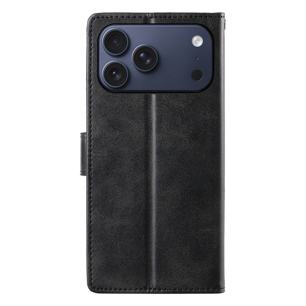 For iPhone 18 Pro Max / 17 Pro Max Case Stand Wallet Calf Texture PU Leather Flip Phone Cover with Wrist Strap