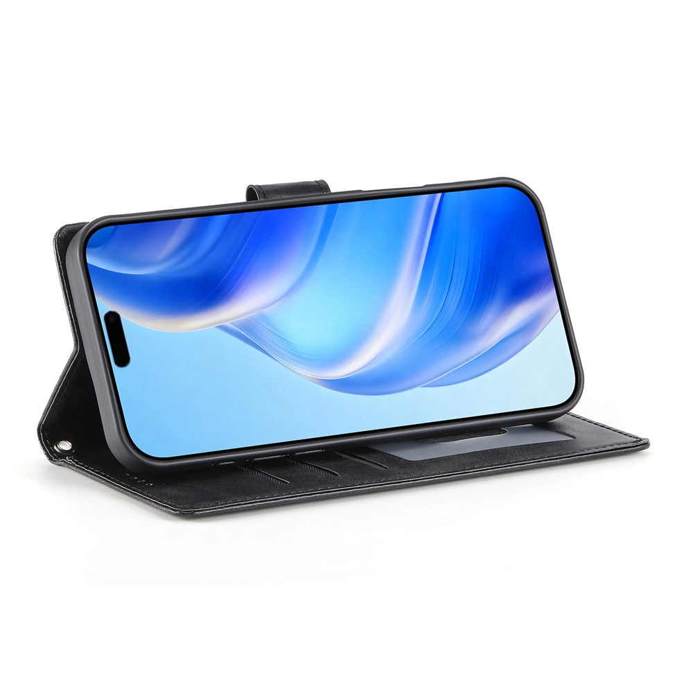For iPhone 18 Pro Max / 17 Pro Max Case Stand Wallet Calf Texture PU Leather Flip Phone Cover with Wrist Strap