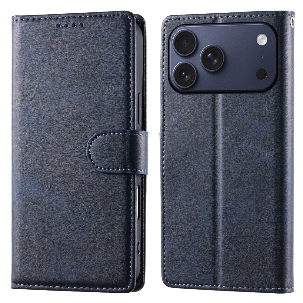 For iPhone 18 Pro Max / 17 Pro Max Case Stand Wallet Calf Texture PU Leather Flip Phone Cover with Wrist Strap