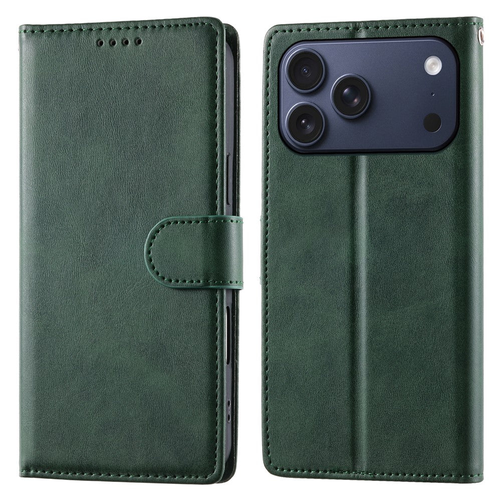For iPhone 18 Pro Max / 17 Pro Max Case Stand Wallet Calf Texture PU Leather Flip Phone Cover with Wrist Strap