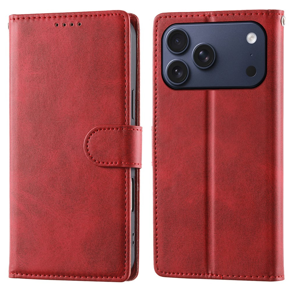 For iPhone 18 Pro Max / 17 Pro Max Case Stand Wallet Calf Texture PU Leather Flip Phone Cover with Wrist Strap