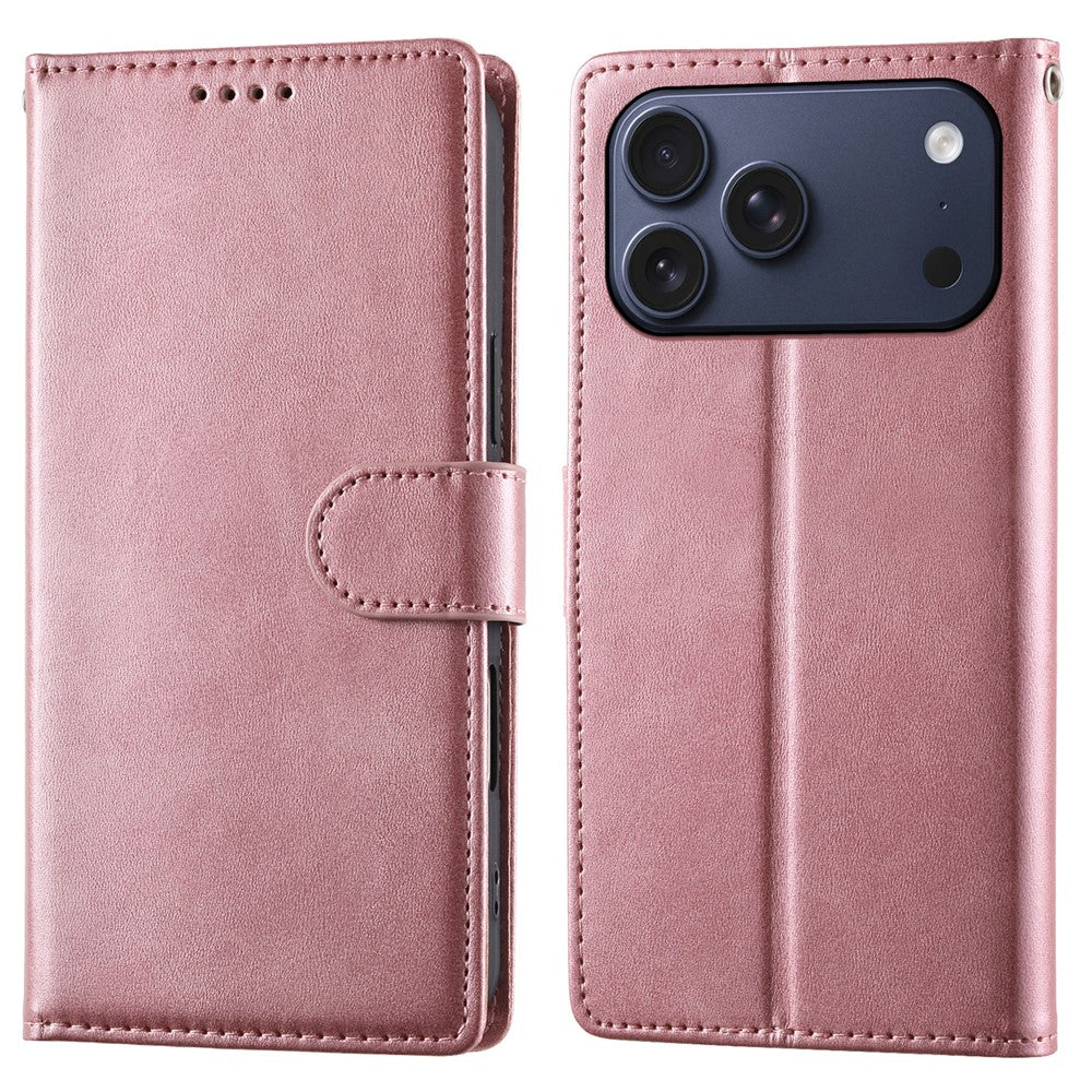 For iPhone 18 Pro Max / 17 Pro Max Case Stand Wallet Calf Texture PU Leather Flip Phone Cover with Wrist Strap