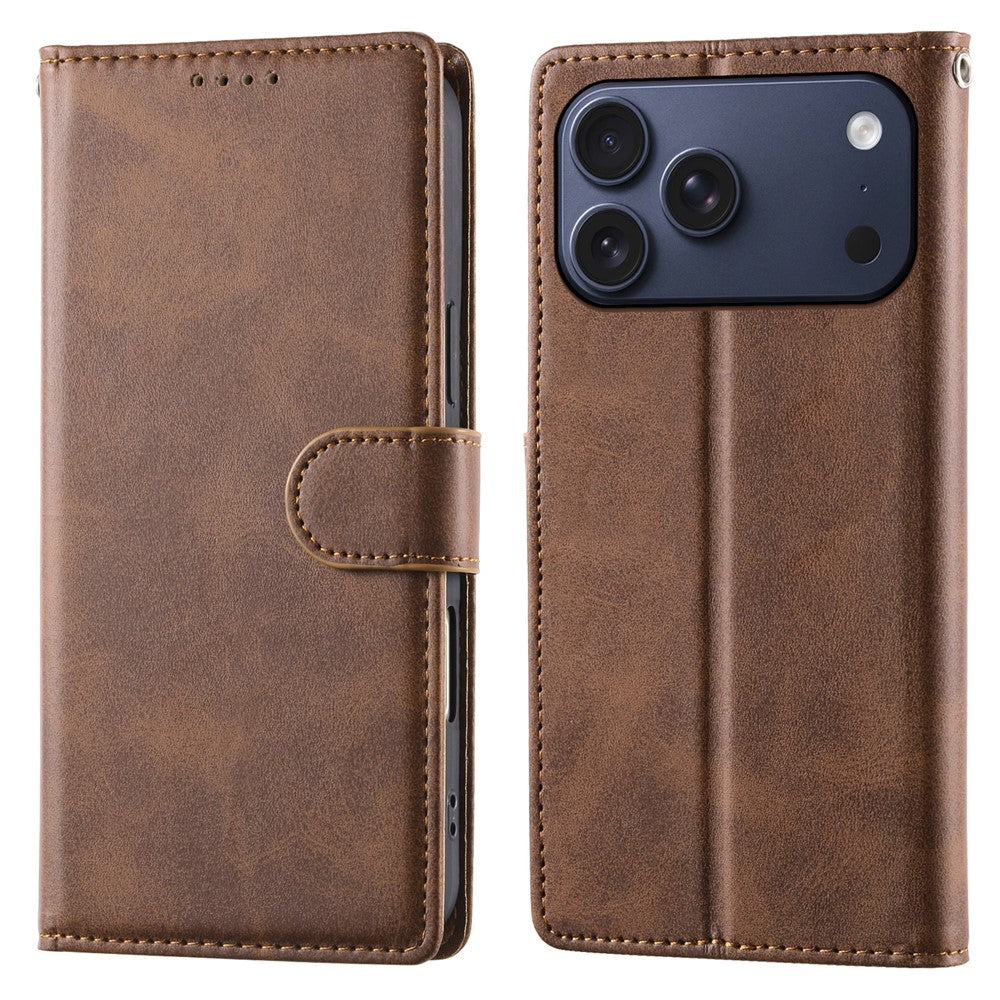 For iPhone 18 Pro Max / 17 Pro Max Case Stand Wallet Calf Texture PU Leather Flip Phone Cover with Wrist Strap