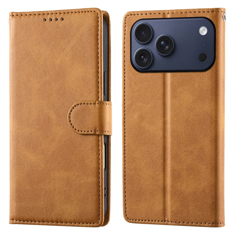 For iPhone 18 Pro Max / 17 Pro Max Case Stand Wallet Calf Texture PU Leather Flip Phone Cover with Wrist Strap