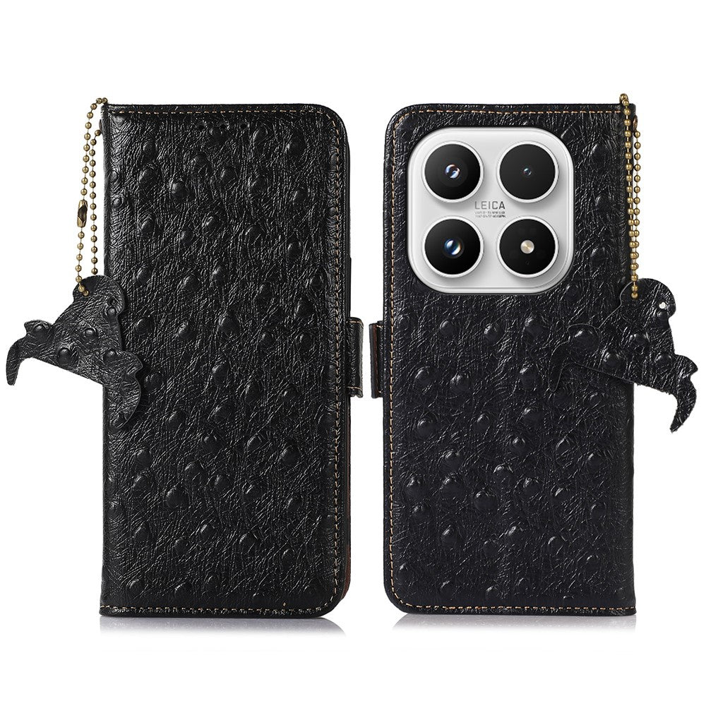 For Xiaomi 17 Case RFID Blocking Genuine Cow Leather Phone Case Ostrich Texture