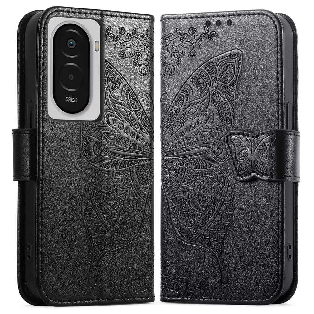 For Xiaomi Poco M7 4G (EU) (171mm) Case with Strap Butterfly Pattern PU Leather Wallet Phone Cover