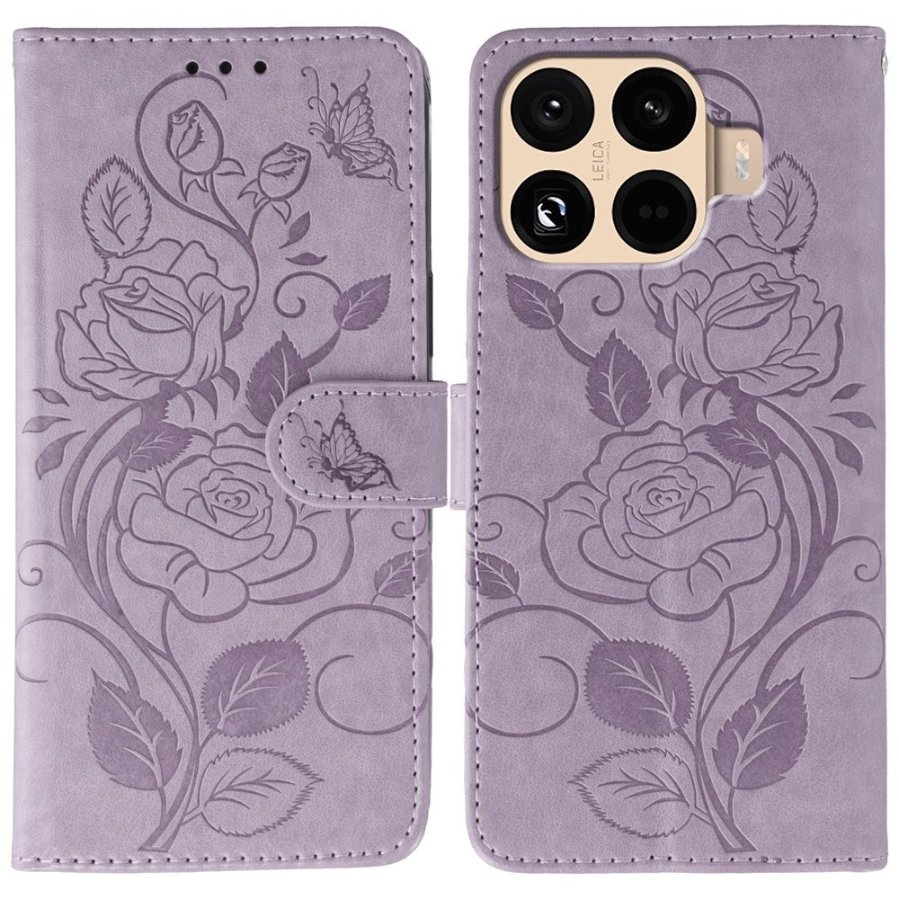 For Xiaomi 15T Pro Case Wallet Stand Imprinted Rose Butterfly PU Leather Phone Cover