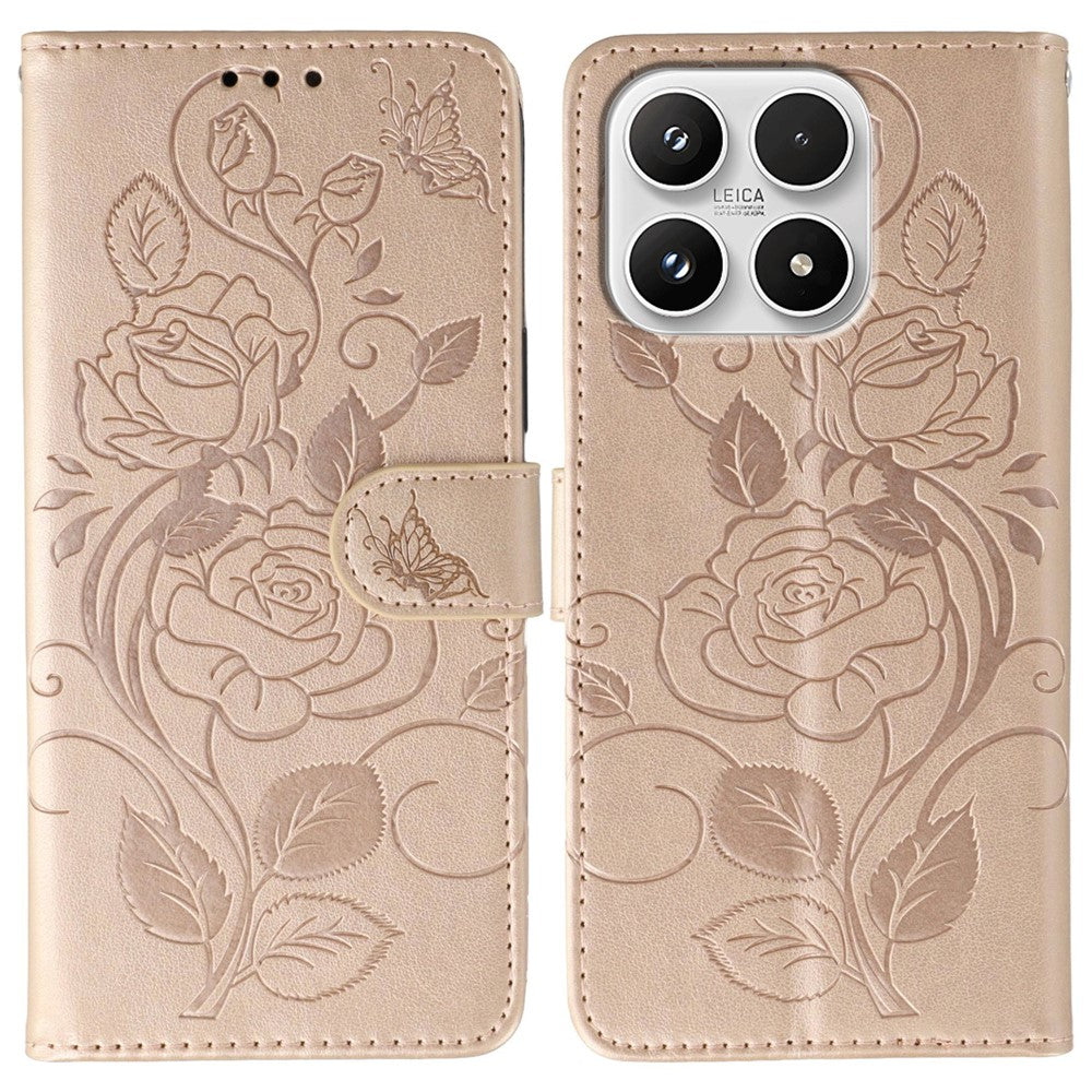For Xiaomi 17 Case Wallet Stand Imprinted Rose Butterfly PU Leather Phone Cover