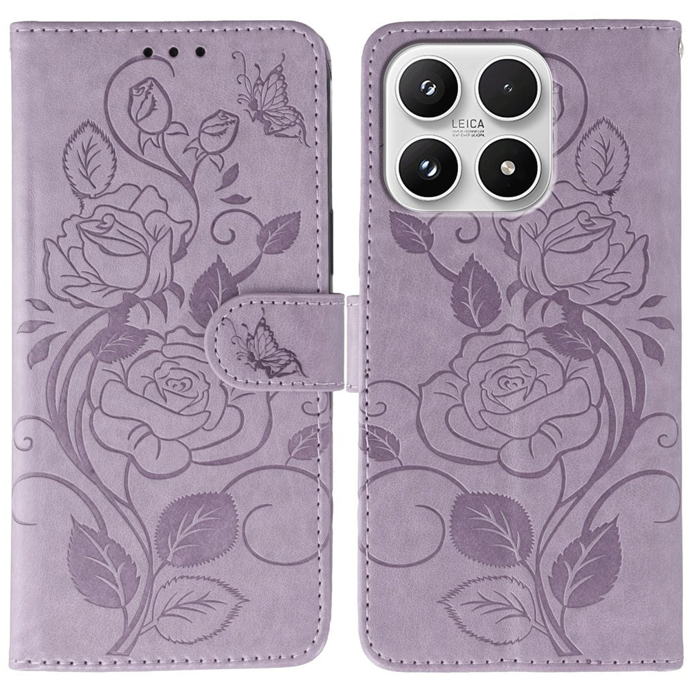 For Xiaomi 17 Case Wallet Stand Imprinted Rose Butterfly PU Leather Phone Cover