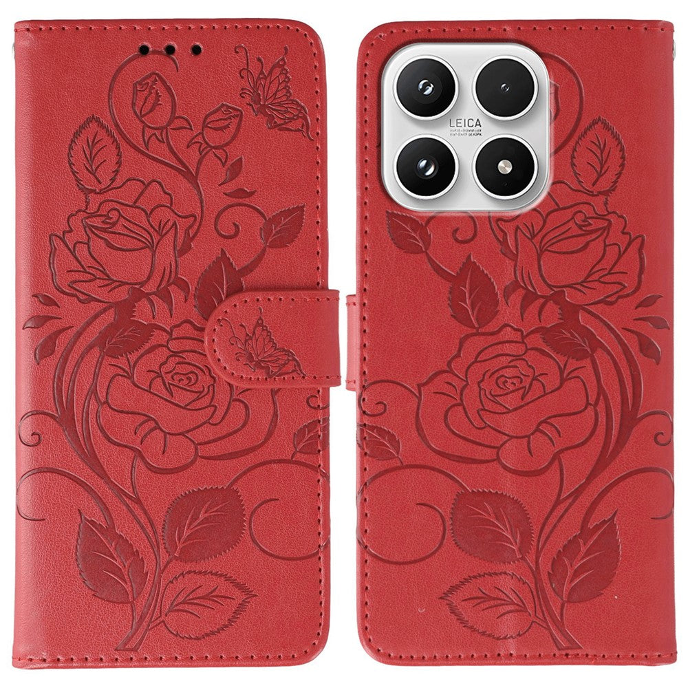 For Xiaomi 17 Case Wallet Stand Imprinted Rose Butterfly PU Leather Phone Cover
