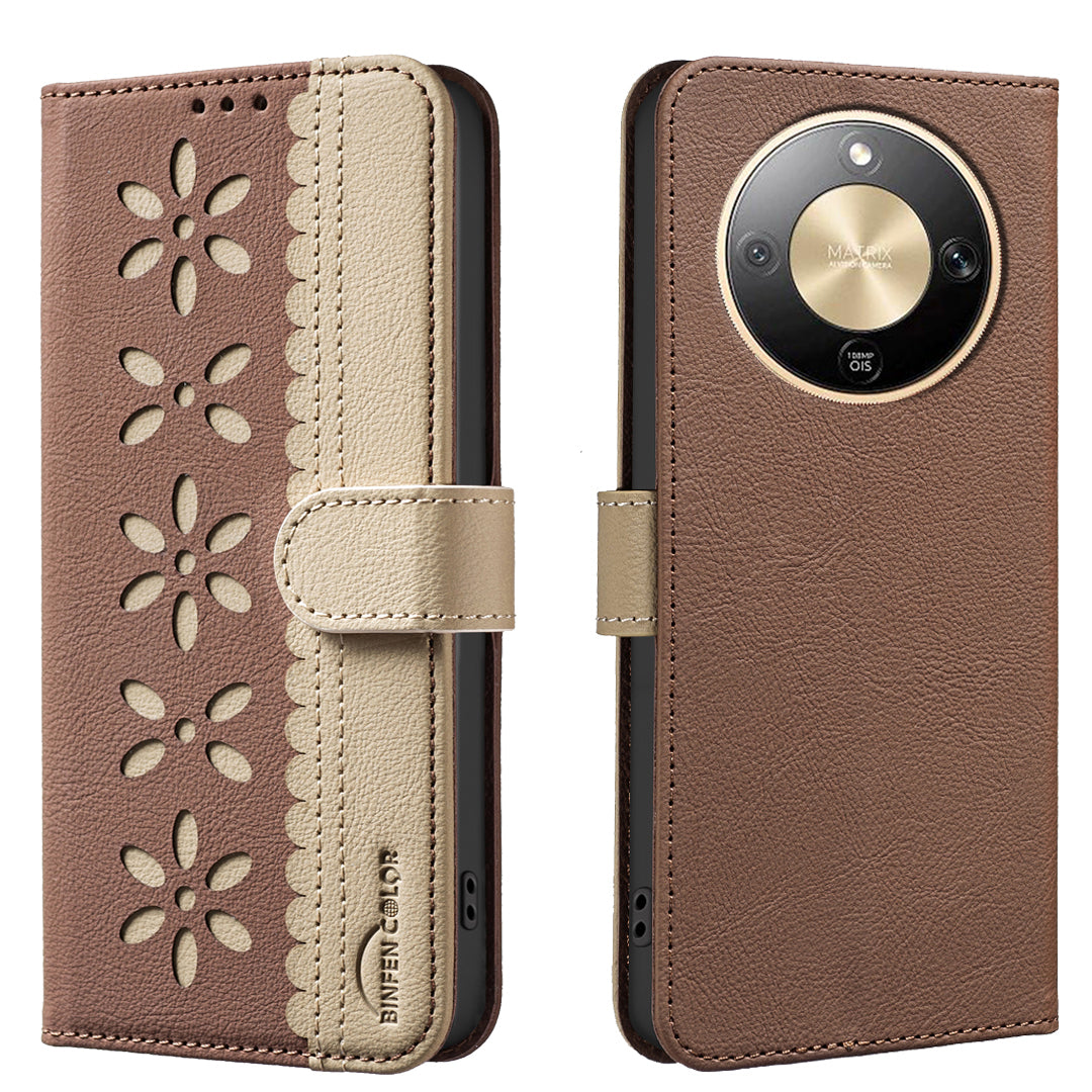BINFEN COLOR For Honor Magic8 Lite 5G / X9d 5G / X70 5G Leather Case  BF36 Floral Pattern Phone Cover RFID Blocking Wallet Stand