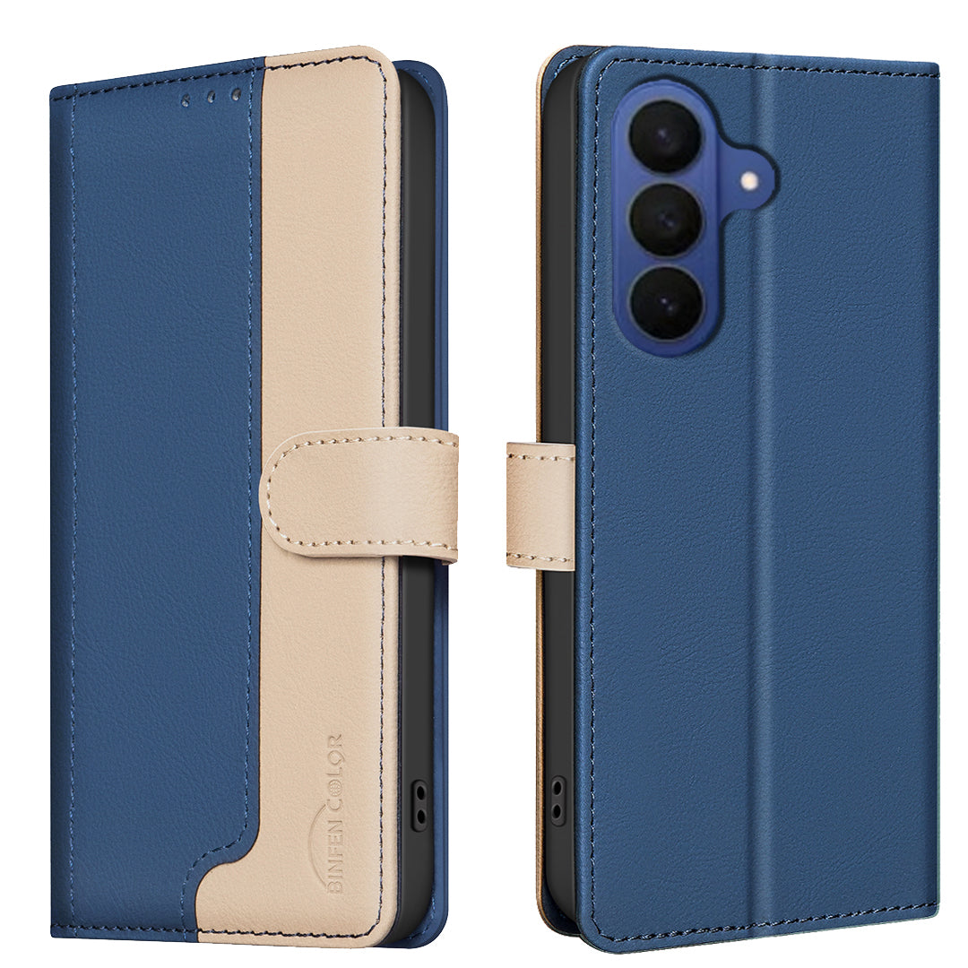 BINFEN COLOR For Samsung Galaxy S26 Leather Case  Splicing Color RFID Blocking Wallet Stand Phone Cover