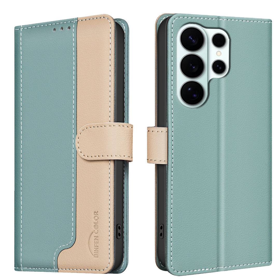 BINFEN COLOR For Samsung Galaxy S26 Ultra Leather Case  Splicing Color RFID Blocking Wallet Stand Phone Cover