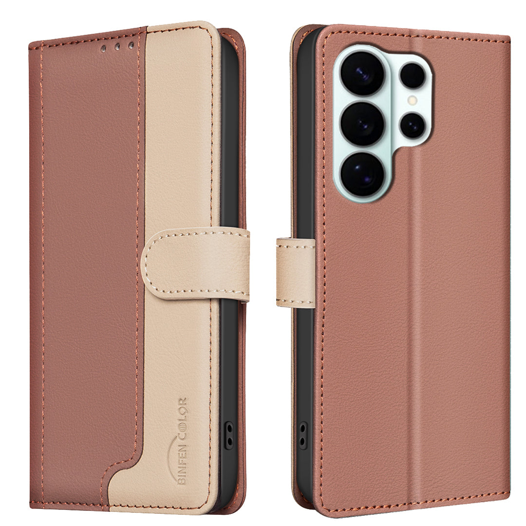 BINFEN COLOR For Samsung Galaxy S26 Ultra Leather Case  Splicing Color RFID Blocking Wallet Stand Phone Cover