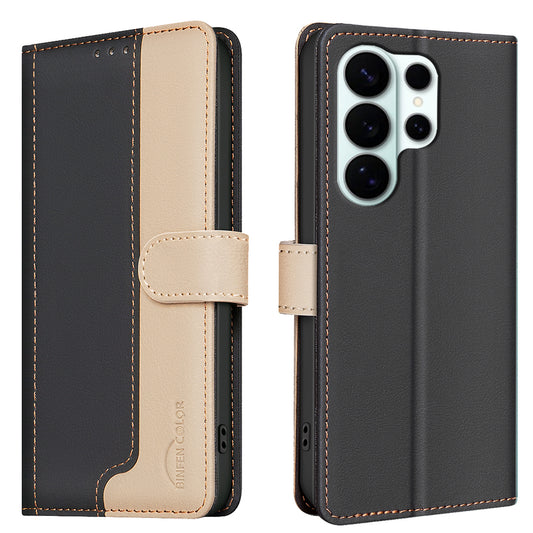 Galaxy S26 Ultra Handyhülle – BINFEN COLOR Ledertasche mit Spleißfarbe, RFID-blockierender Brieftaschenständer