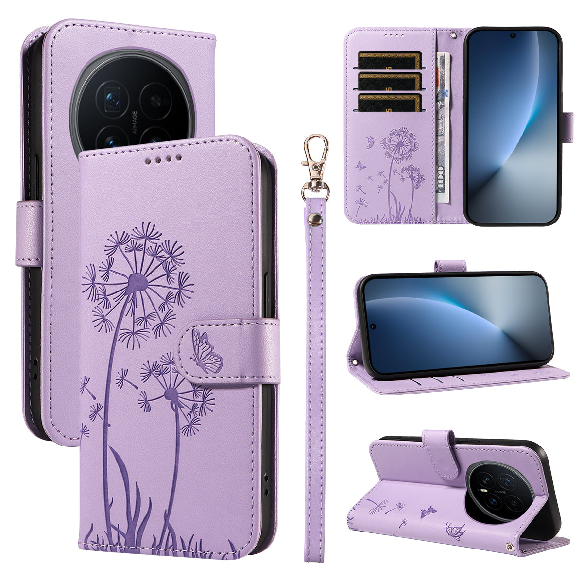 For Honor Magic8 5G Leather Wallet Case with Strap Dandelion Imprint Phone Stand Cover