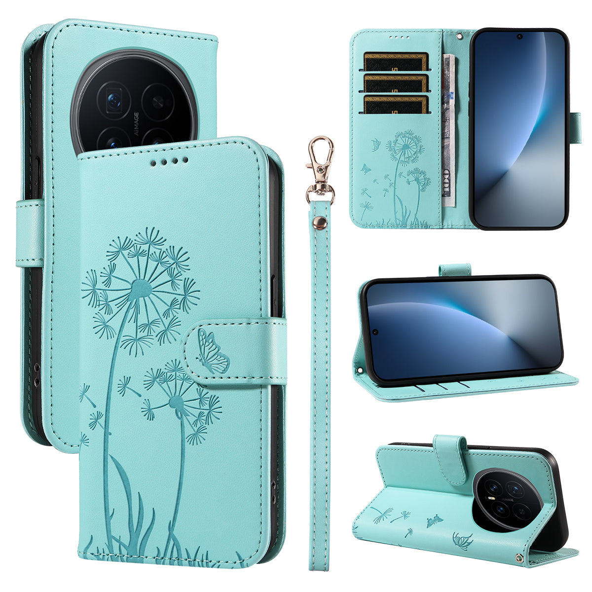 For Honor Magic8 5G Leather Wallet Case with Strap Dandelion Imprint Phone Stand Cover