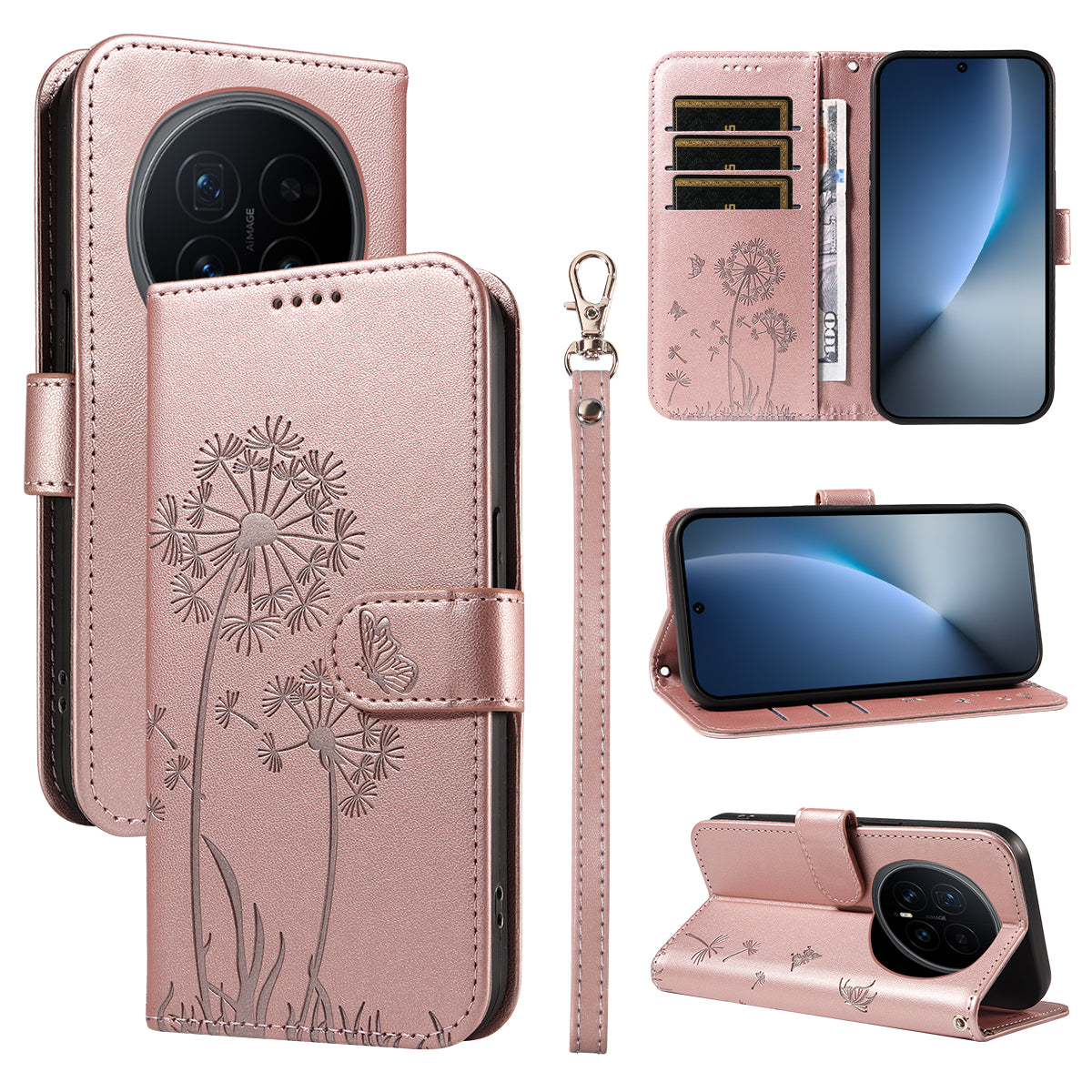 For Honor Magic8 5G Leather Wallet Case with Strap Dandelion Imprint Phone Stand Cover