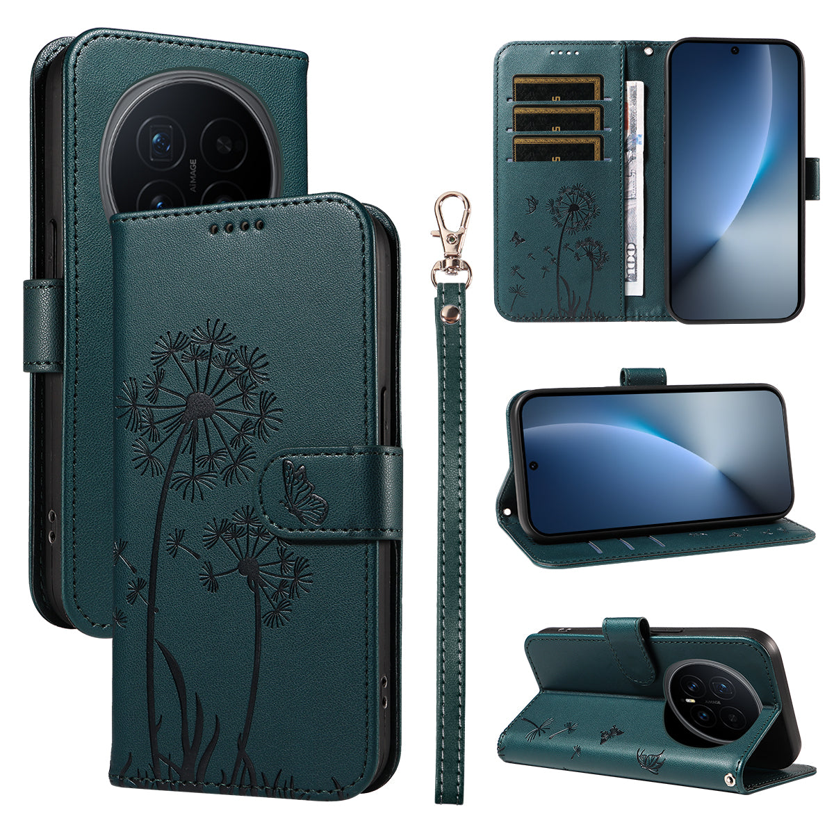 For Honor Magic8 5G Leather Wallet Case with Strap Dandelion Imprint Phone Stand Cover