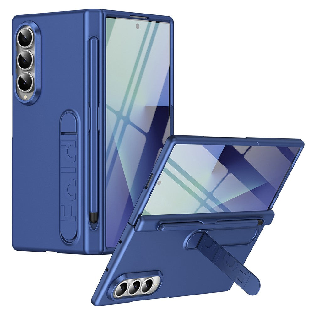 For Samsung Galaxy Z Fold4 5G Case Kickstand Hard PC Phone Cover with Tempered Glass Film / Stylus / Pen Slot