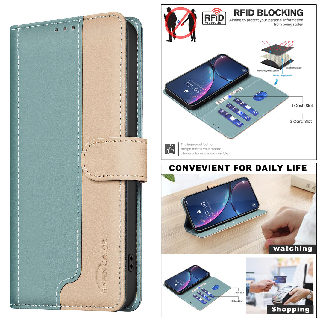 BINFEN COLOR For Samsung Galaxy A27 5G Leather Case  Splicing Color RFID Blocking Wallet Stand Phone Cover